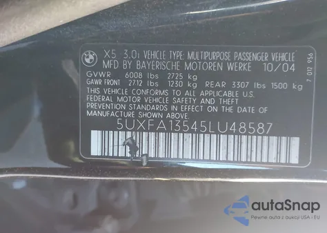 2005 BMW X5 3.0I z USA, uszkodzony, nr VIN 5UXFA13545LU48587